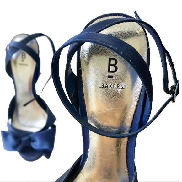Bakers Shoes Vintage Bakers Navy Satin Bow Ankle Strap Heels 7